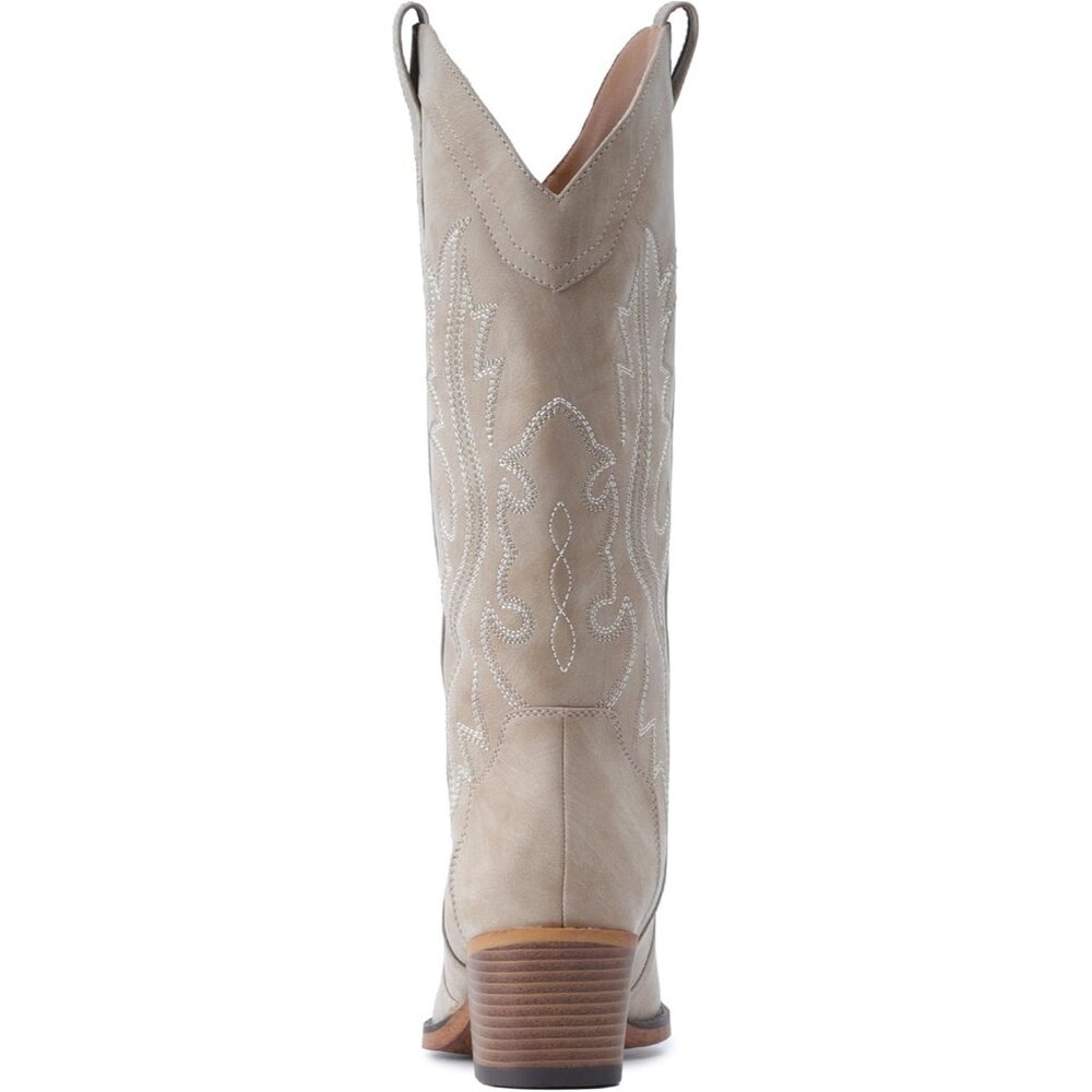 Women's Tan Chunky Heel Mid Calf Snip Toe Embroidery Western Elegance Boots - Picture 5 of 5